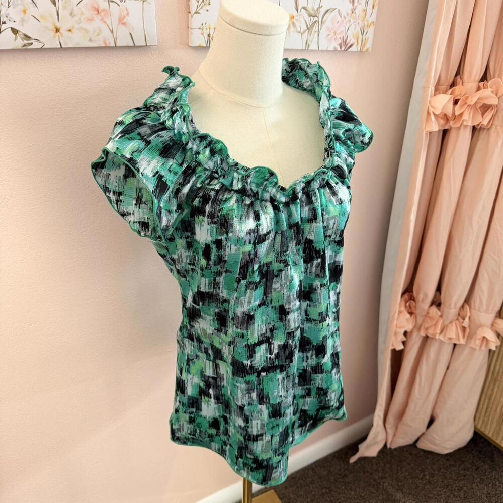 The Limited Green Abstract Ruffle Neck Blouse | Feminine Top | S